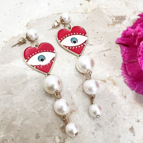 Crimson and Pearl Evil Eye Dangle Post Earrings NWT - Picture 11 of 11